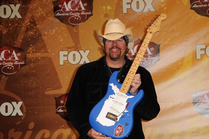 toby keith holding a blue guitar in front of a yellow background. best country music videos