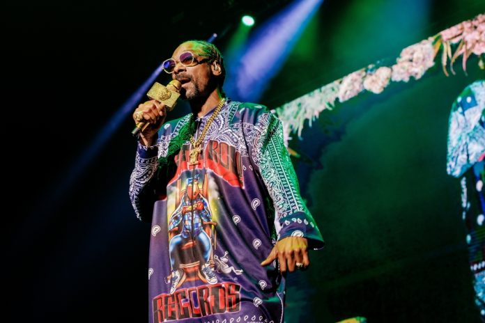 snoop dogg on stage with a microphone