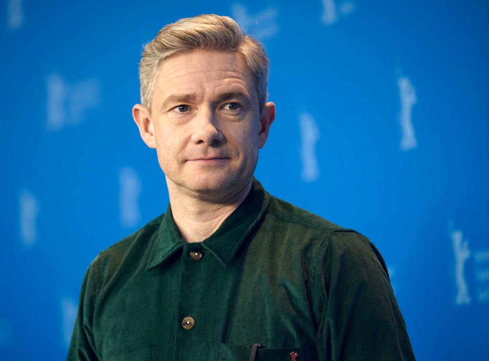 martin freeman at an event in a green shirt
